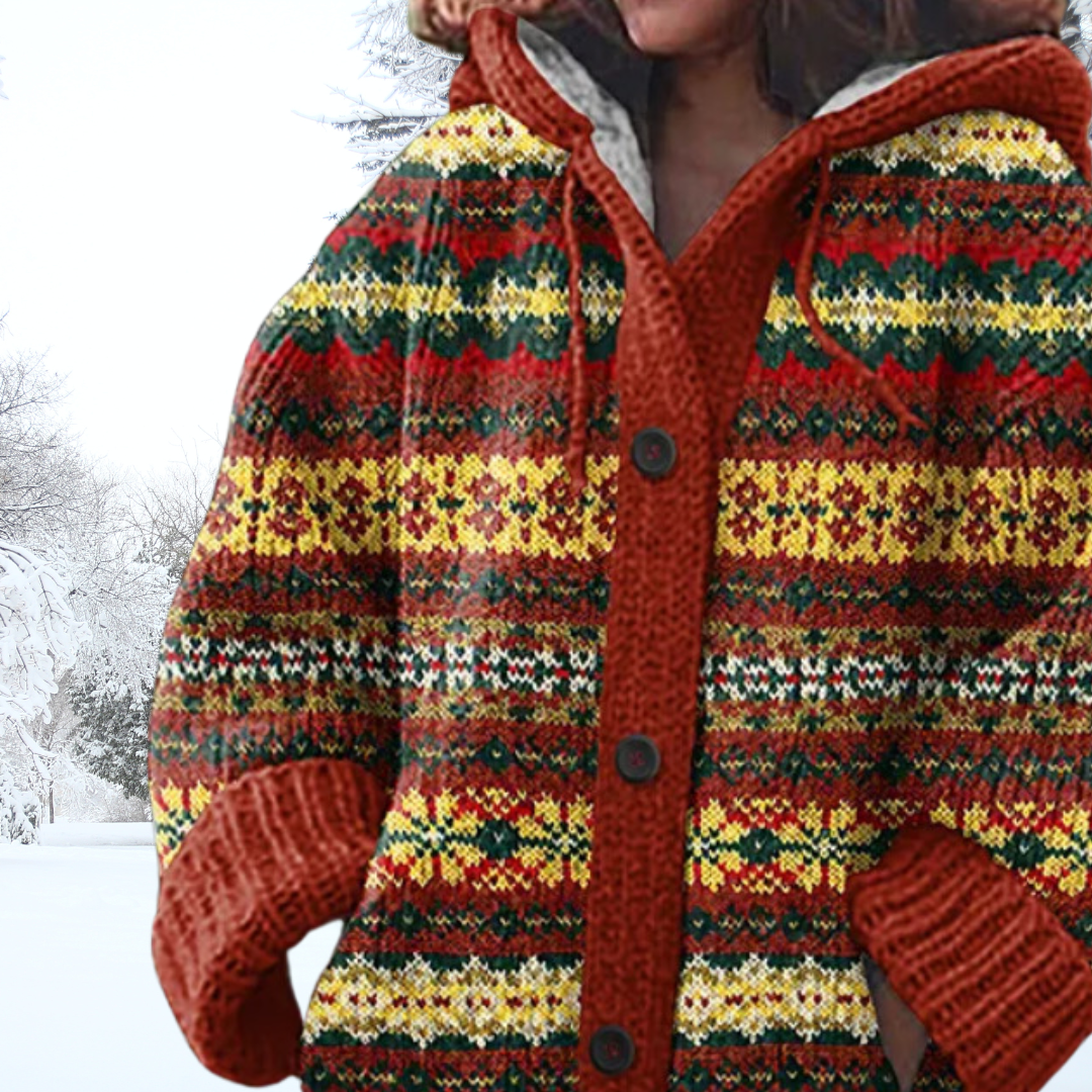 ガーネット | フェスティブ・ノルディック・フード付きカーディガン